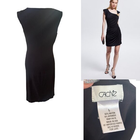 VINTAGE CACHE Y2K BLACK RUCHED GOLD SNAKE COCKTAIL DRESS M/L - Picture 4 of 4